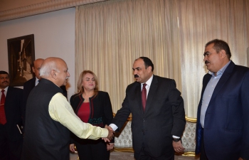 MOS Shri M J Akbar greeting MPs of Iraq-India Friendship Group of the Iraqi Parliament at the Lunch Reception at Ambassador's Residence in Baghdad